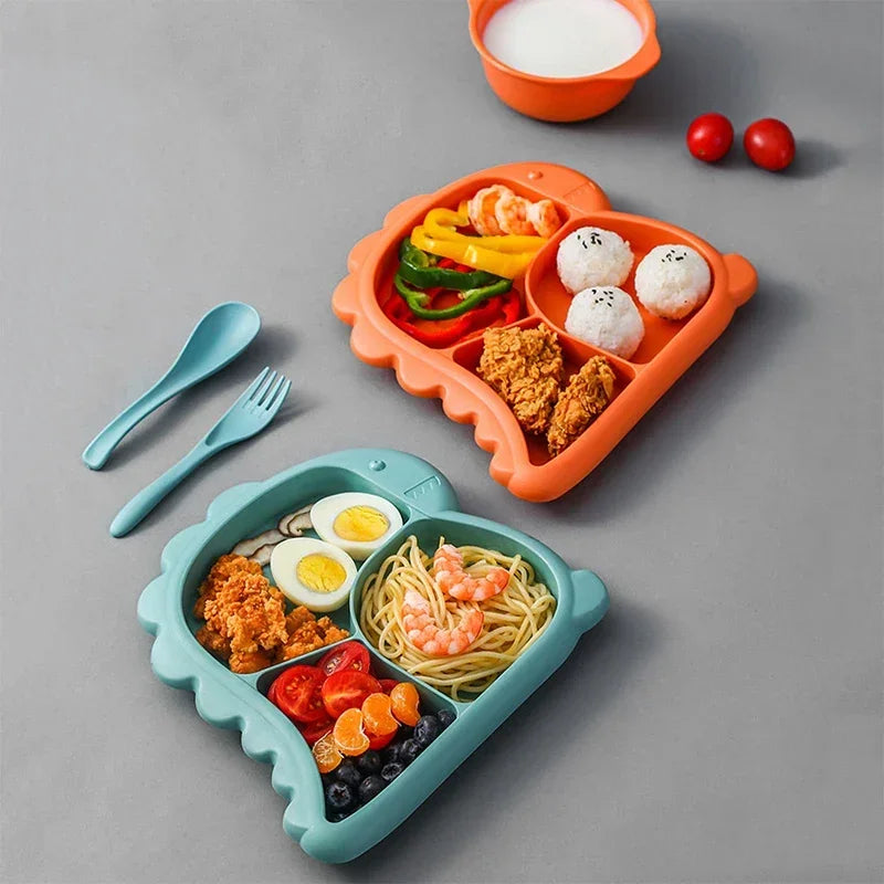 Dinosaur baby dinner plate 1 Set large capacity three compartments spoon and fork all-in-one dinner plate nutritional balance