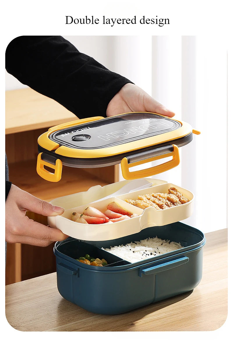 1200ml 3 Grids Plastic Compartment Bento Boxes with Fork and Spoon Multiple Layers Kid's Lunch Box Office Worker Tuppers Food