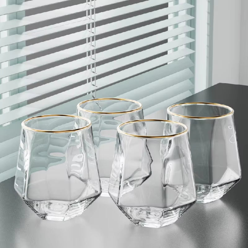 320ml 4pcs Set Hexagonal Cup Wine Utensils Unique Cold Drink Cup Golden Edged Glass Cup Coffee Juice Tea Cups Cafe