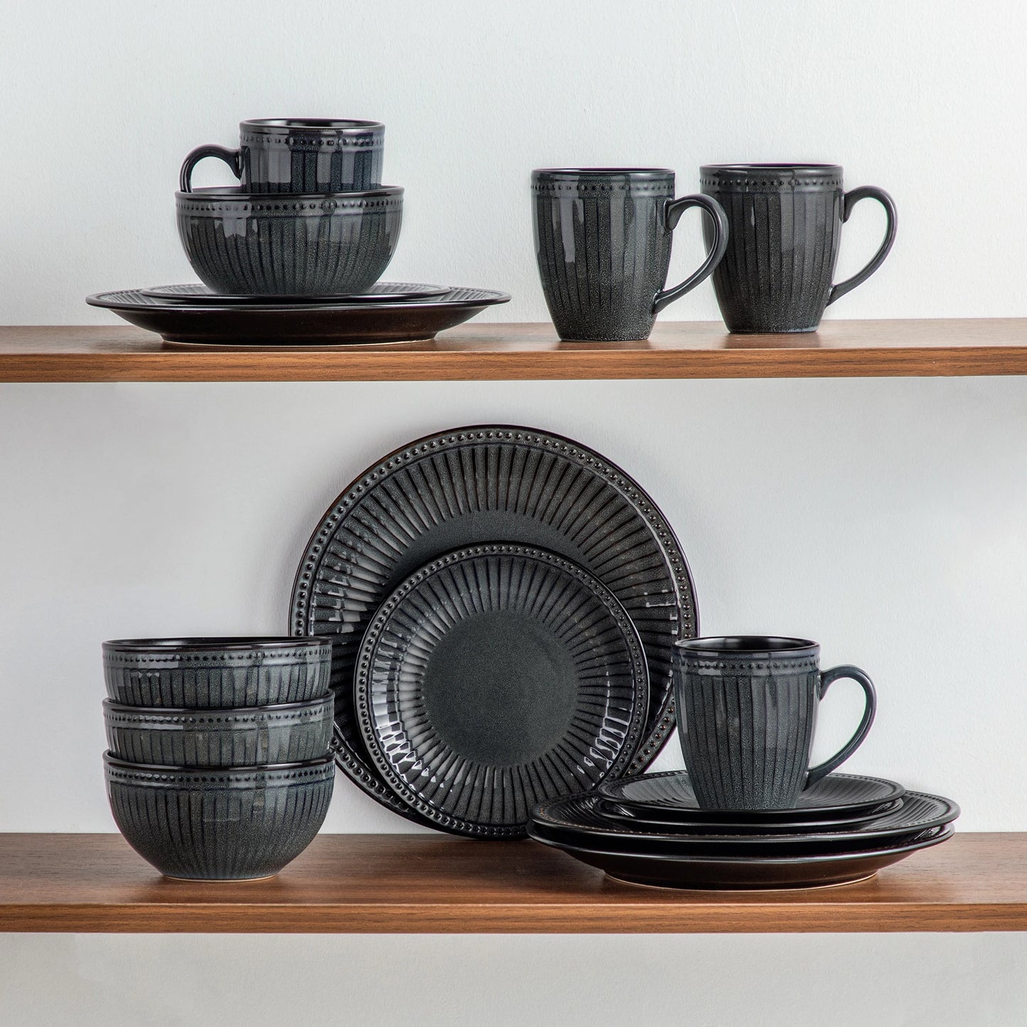 vancasso 4-16 Piece Relief Ceramic Plates Set Black Elegent Tableware set with up to 4 PCS Dinner Plate/Dessert/Cereal Bowl/Mug