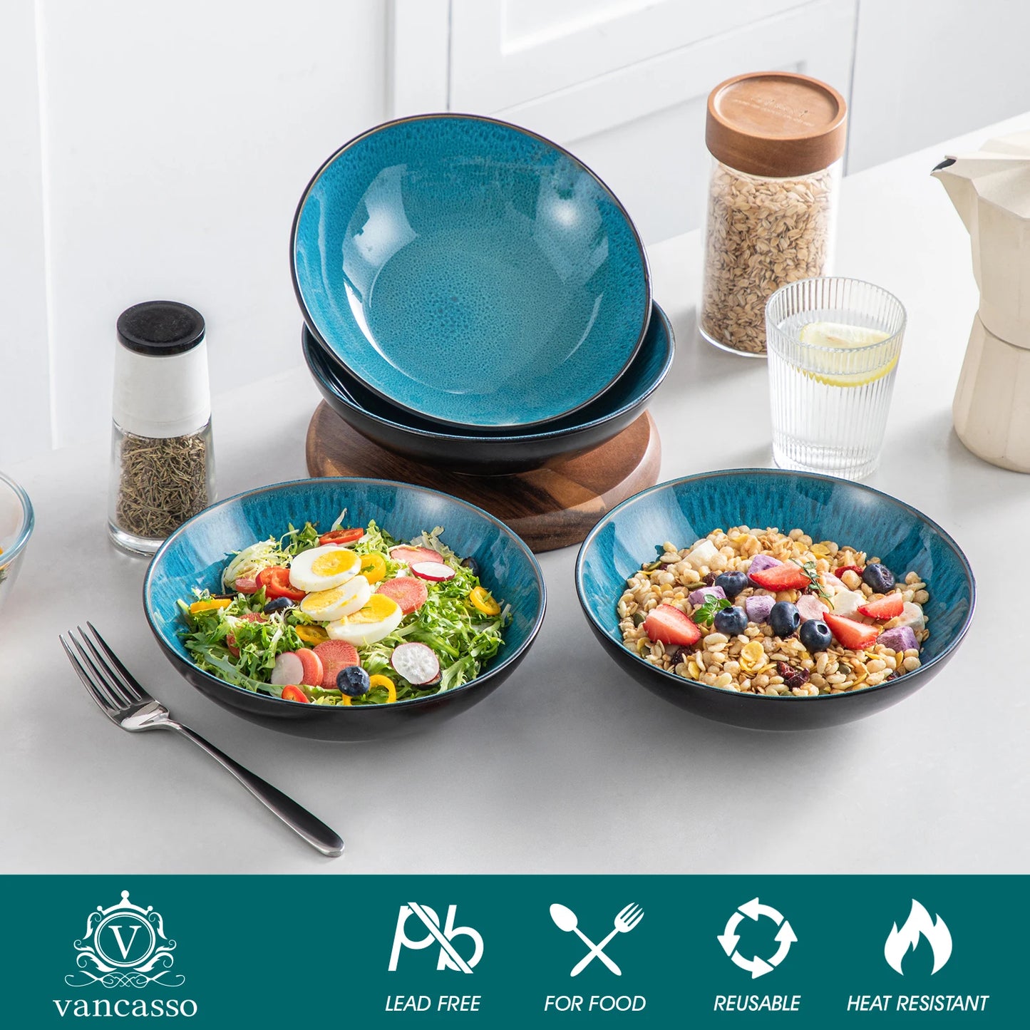 vancasso Ceramic Soup Bowl Bubble Reactive glaze 32 OZ Ceramic Bowl Plate Set for Salad Vegetable Fruit Noodle Oven Safe