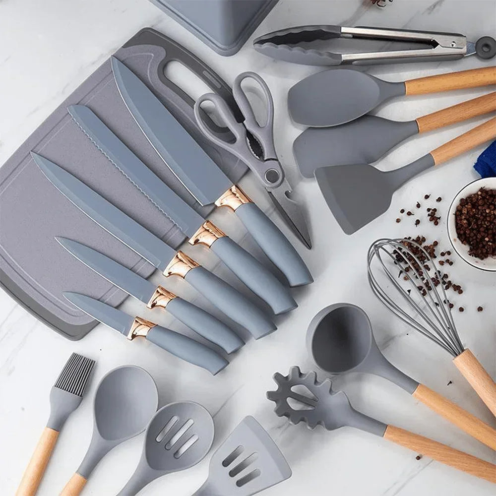 19 Pcs Non-Stick Silicone Kitchen Utensil Set Heat-Resistant Tools in Bamboo Storage