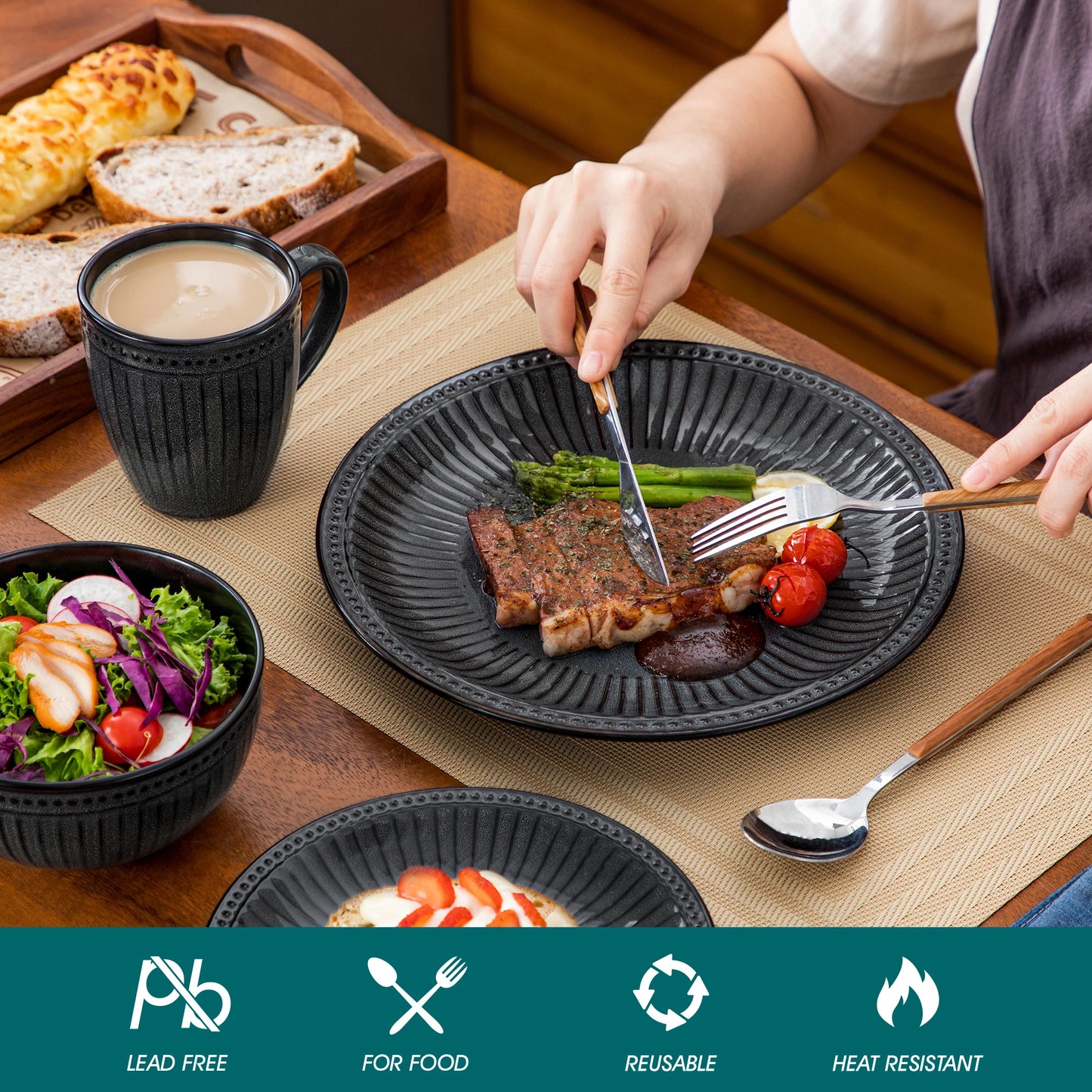 vancasso 4-16 Piece Relief Ceramic Plates Set Black Elegent Tableware set with up to 4 PCS Dinner Plate/Dessert/Cereal Bowl/Mug