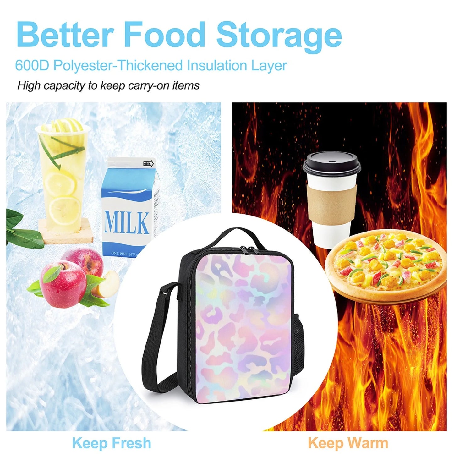 Insulated Lunch Bag, Oxford Cloth, Pastel Rainbow Leopard Print Pattern, Perfect for School/Picnic/Outdoor & Daily Use