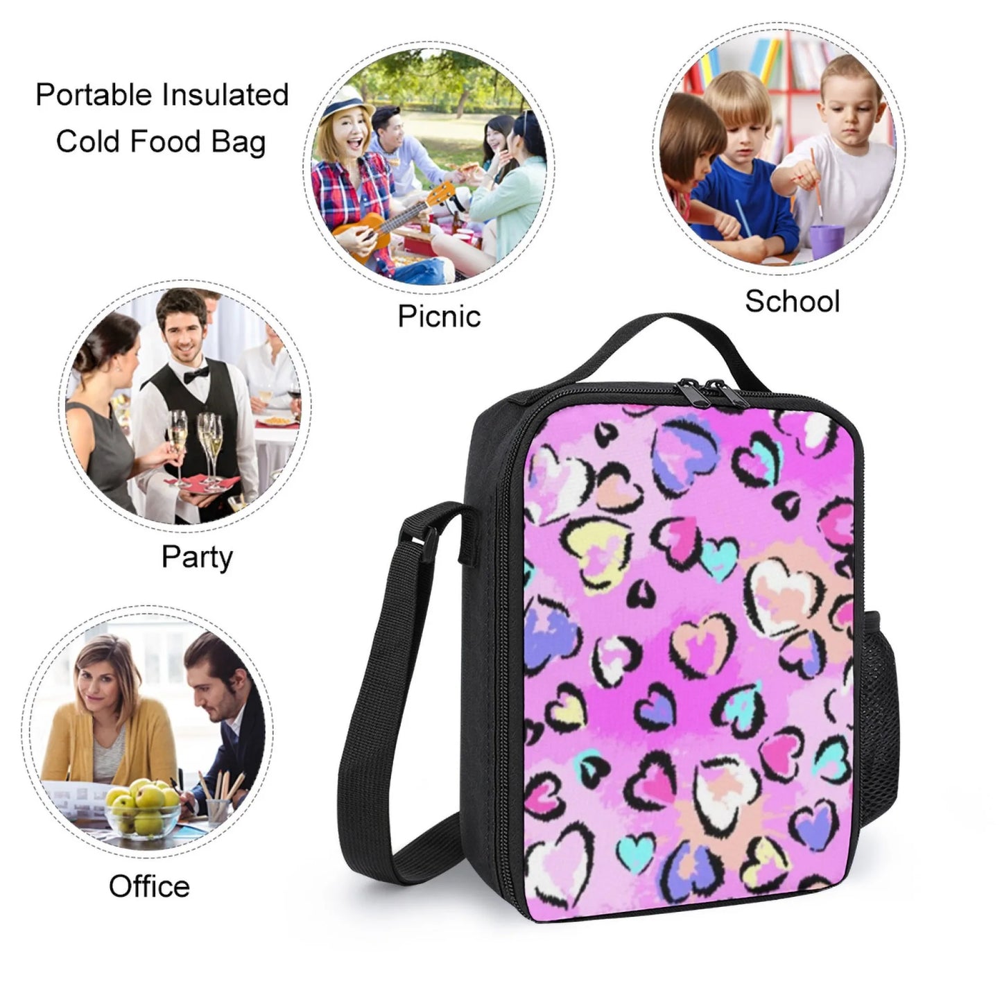 insulated Colorful Heart Pattern Lunch Bag, Oxford Cloth Material, Ideal for School/Picnic/Outdoor/Daily Use