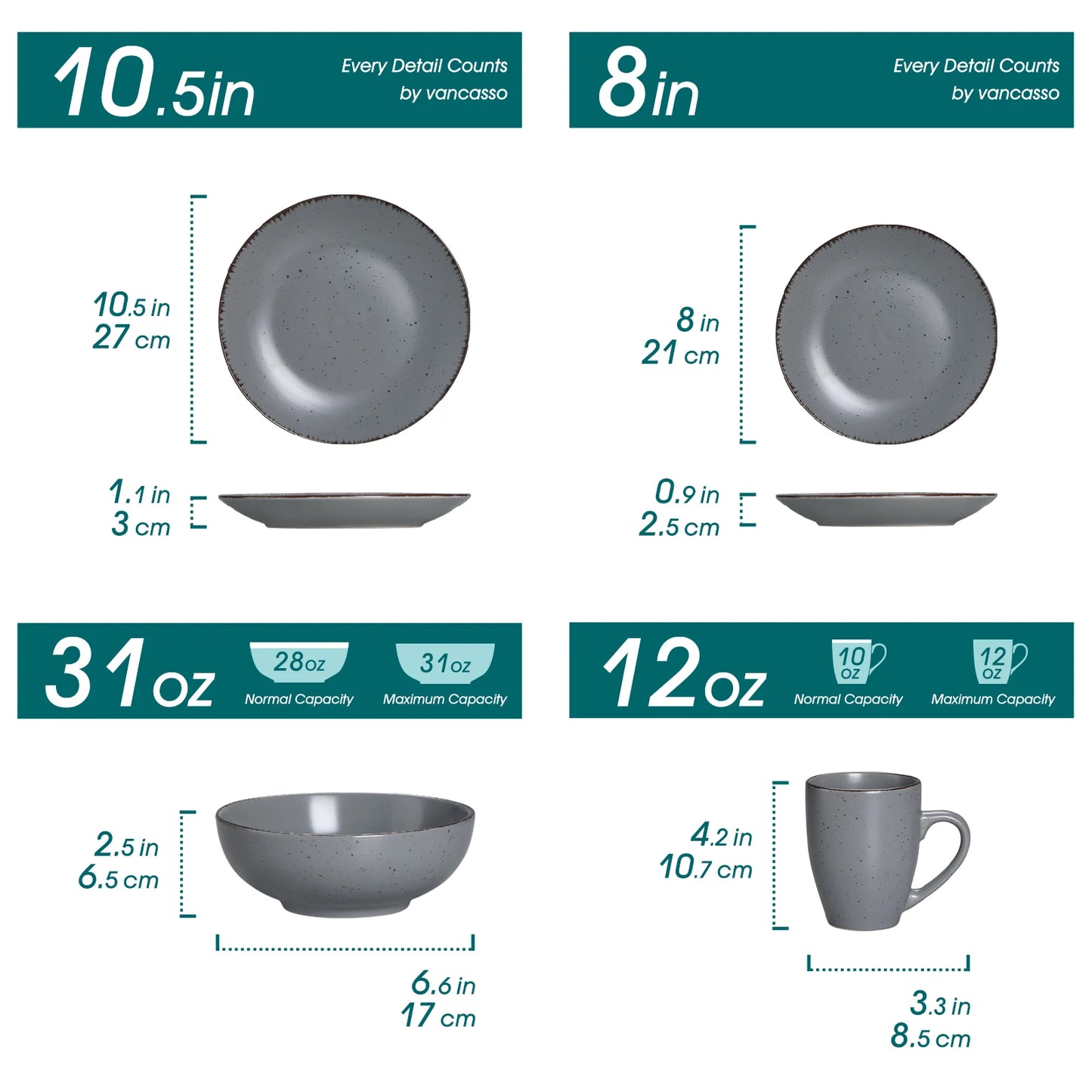 VANCASSO MODA Series 4-16 Piece Pottery Dinner Set Grey Stoneware Tableware Set with Dinner Plate,Dessert Plate,Bowls,Cups