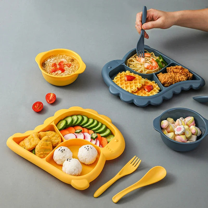 Dinosaur baby dinner plate 1 Set large capacity three compartments spoon and fork all-in-one dinner plate nutritional balance