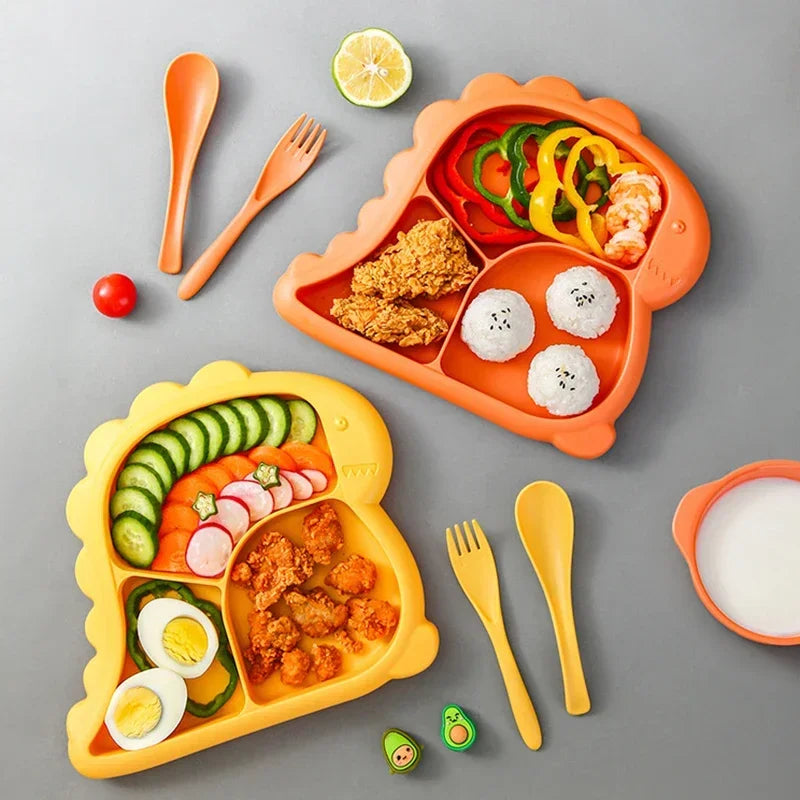 Dinosaur baby dinner plate 1 Set large capacity three compartments spoon and fork all-in-one dinner plate nutritional balance
