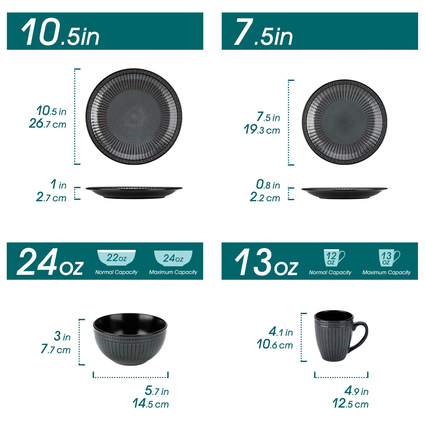 vancasso 4-16 Piece Relief Ceramic Plates Set Black Elegent Tableware set with up to 4 PCS Dinner Plate/Dessert/Cereal Bowl/Mug
