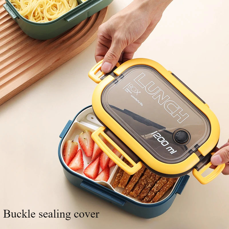 1200ml 3 Grids Plastic Compartment Bento Boxes with Fork and Spoon Multiple Layers Kid's Lunch Box Office Worker Tuppers Food