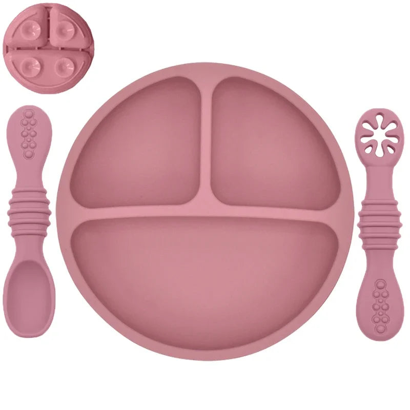 Baby / Toddler Tableware Silicone Baby Sucker Silicone Dining Plate Rice Spoon Set Cute Cartoon Children Dishes Smile Face Retro Kid Bowl