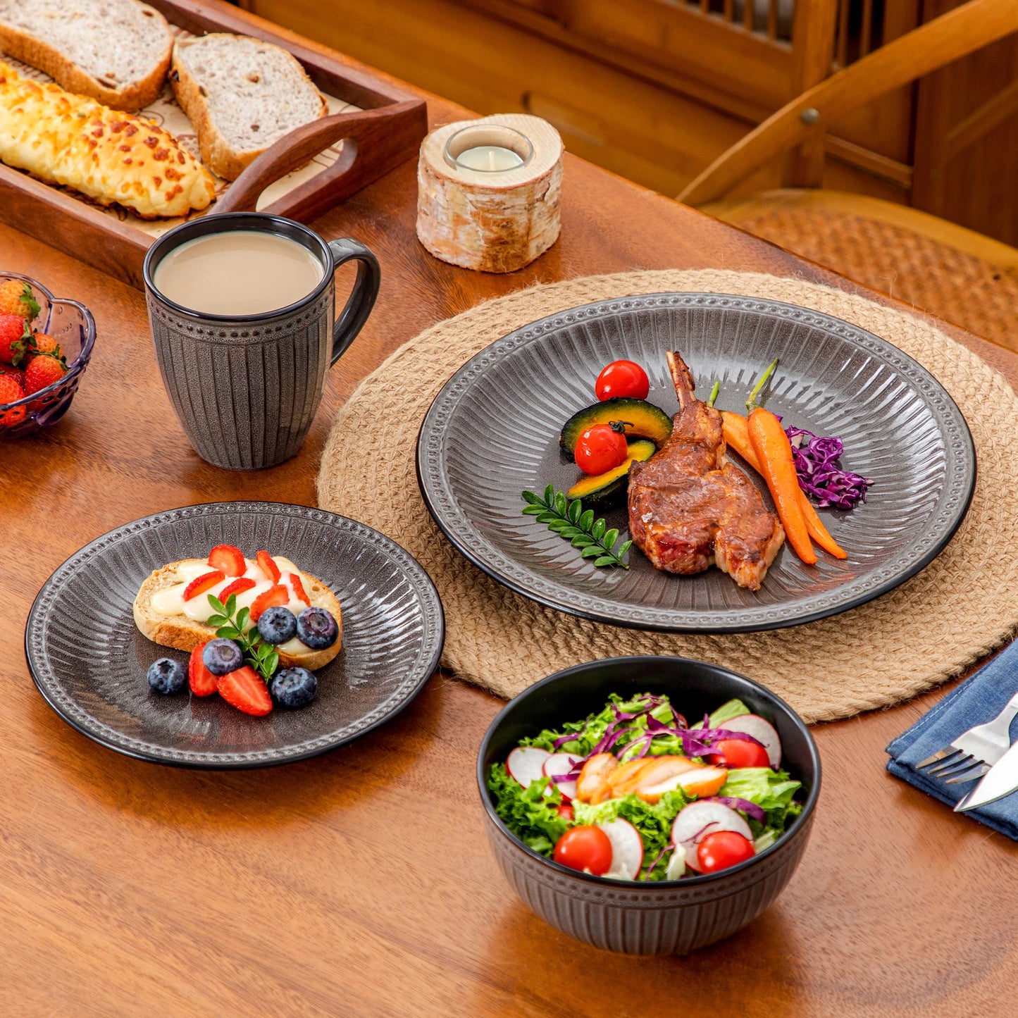 vancasso 4-16 Piece Relief Ceramic Plates Set Black Elegent Tableware set with up to 4 PCS Dinner Plate/Dessert/Cereal Bowl/Mug