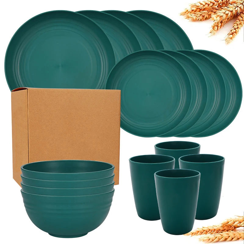16 pieces tableware set, including (9.1-inch) plates, (7.8-inch) plates, dinner bowls and beverage cups.