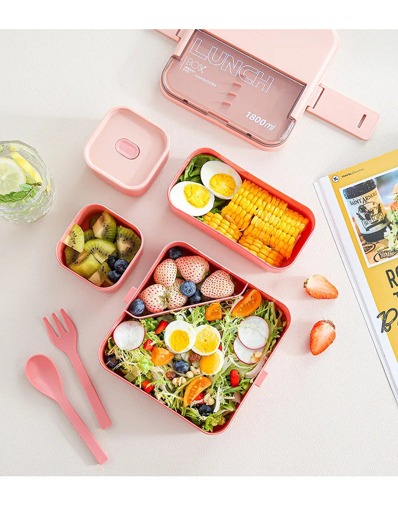 Double Layer Portable Lunch Box for Kids with Cutlery Microwave Sealed Bento Boxes Dinnerware Set Food Storage Container