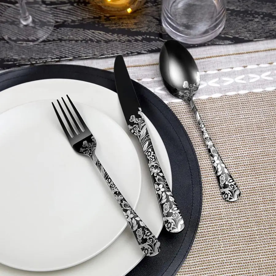 20 Pieces of Stainless Steel Tableware Set with Butterfly Pattern Silverware, Mirror Polished, with Spoon, Fork and Knife, Suitable for Dark Rock Enthusiasts, Suitable for Halloween,