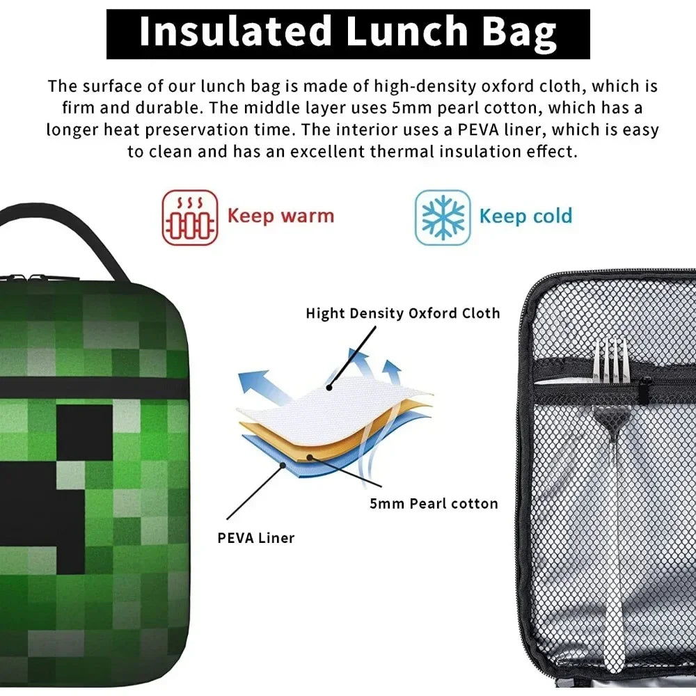 Pixel Game Lunch Box Reusable Portable Lunch Bag Insulated Bags for High-capacity Work School Picnics