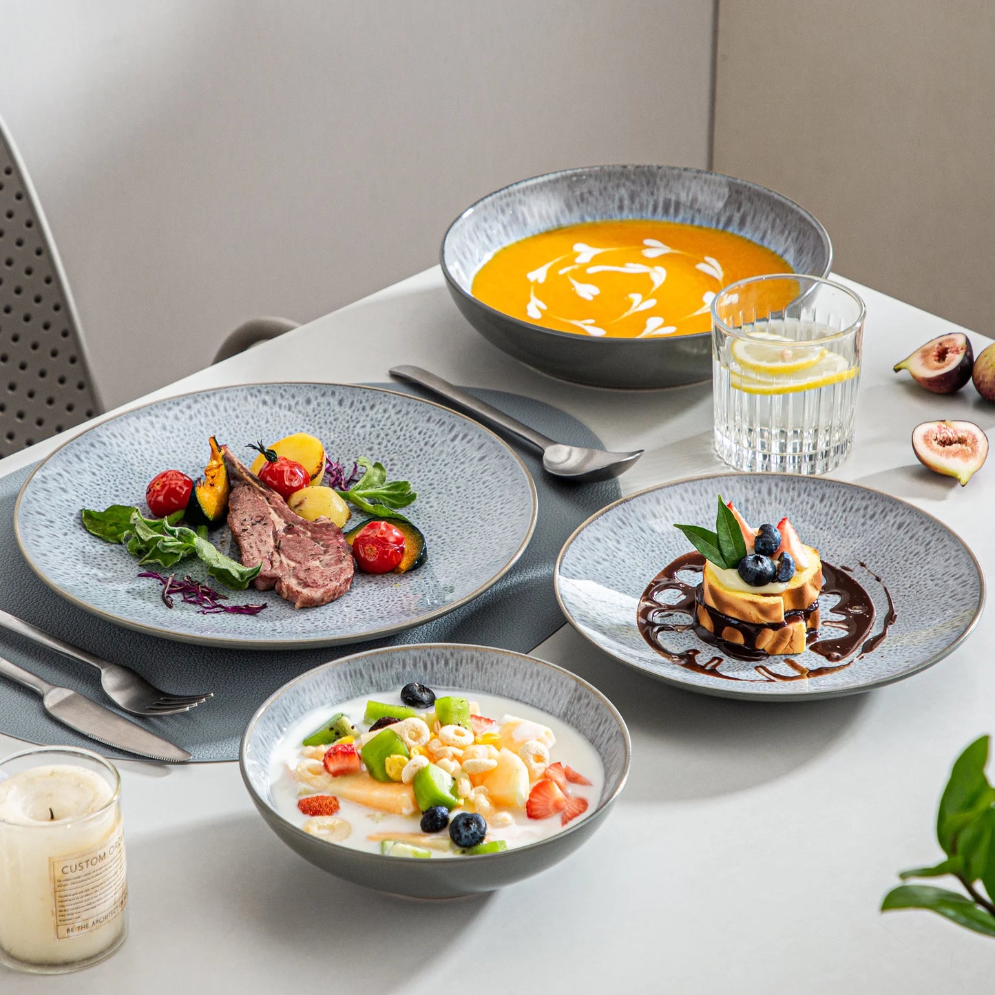 vancasso 4-16 Piece Embossed Stoneware Tableware Set with 4PCS Dinner/Dessert Plate/Soup Bowl for 4/8/12 person