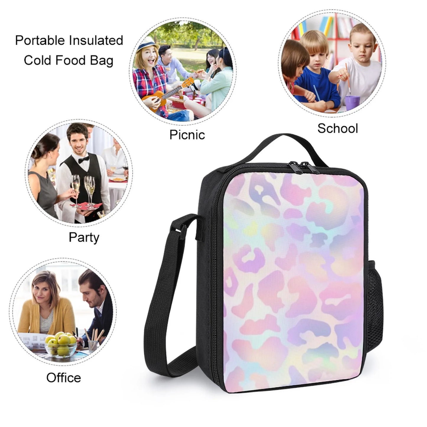 Insulated Lunch Bag, Oxford Cloth, Pastel Rainbow Leopard Print Pattern, Perfect for School/Picnic/Outdoor & Daily Use