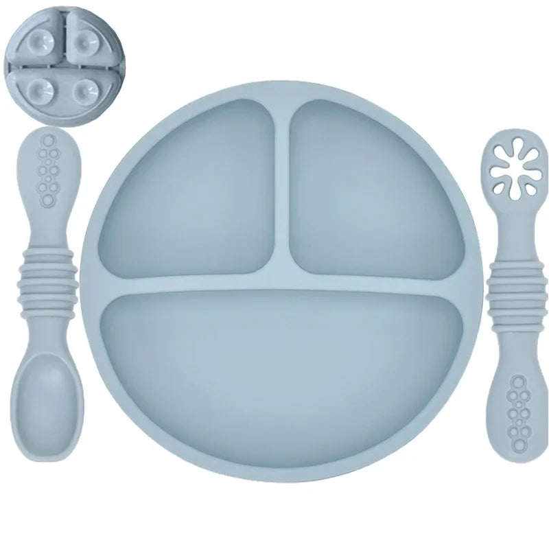 Baby / Toddler Tableware Silicone Baby Sucker Silicone Dining Plate Rice Spoon Set Cute Cartoon Children Dishes Smile Face Retro Kid Bowl