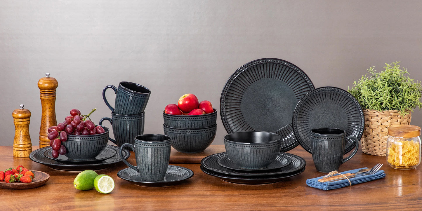 vancasso 4-16 Piece Relief Ceramic Plates Set Black Elegent Tableware set with up to 4 PCS Dinner Plate/Dessert/Cereal Bowl/Mug