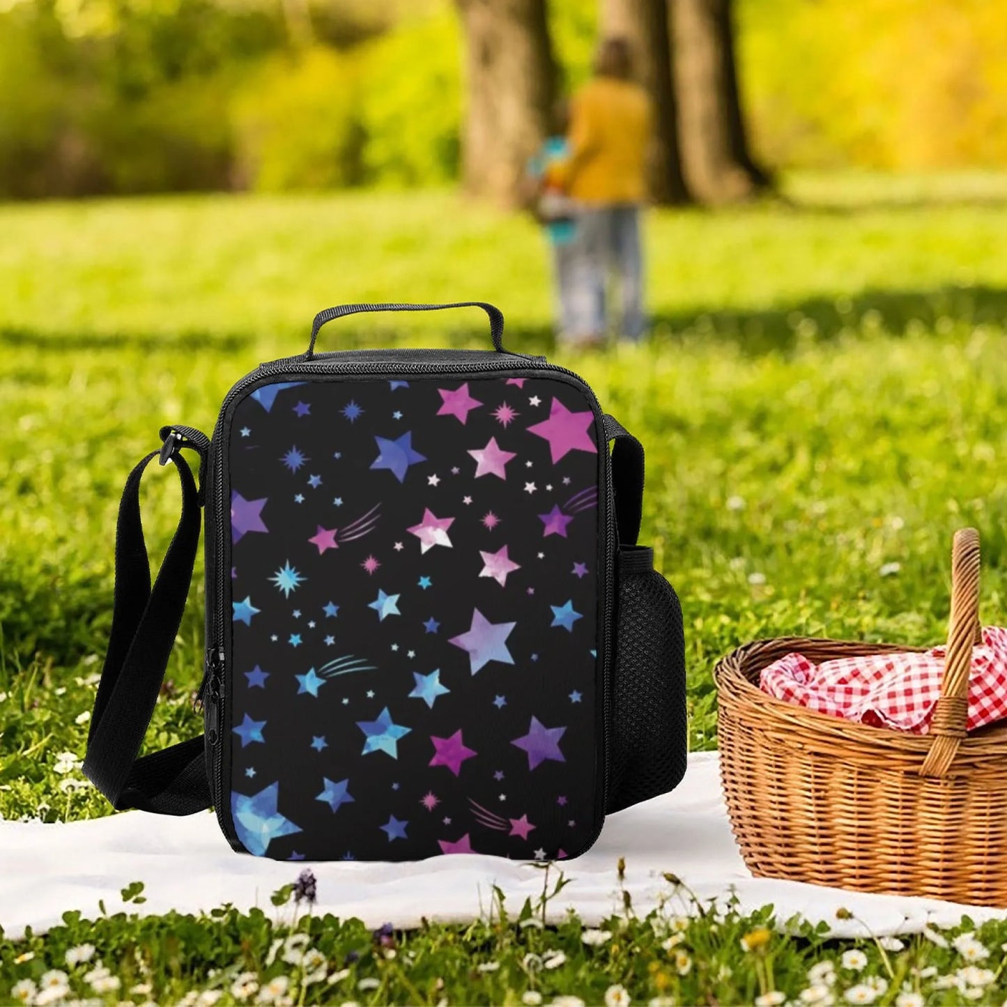 Insulated Lunch Bag, Oxford Cloth Material, Vibrant Colorful Stars & Shooting Stars Pattern, Great for School/Picnic/Outdoor