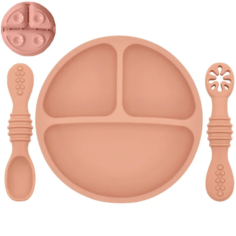 Baby / Toddler Tableware Silicone Baby Sucker Silicone Dining Plate Rice Spoon Set Cute Cartoon Children Dishes Smile Face Retro Kid Bowl