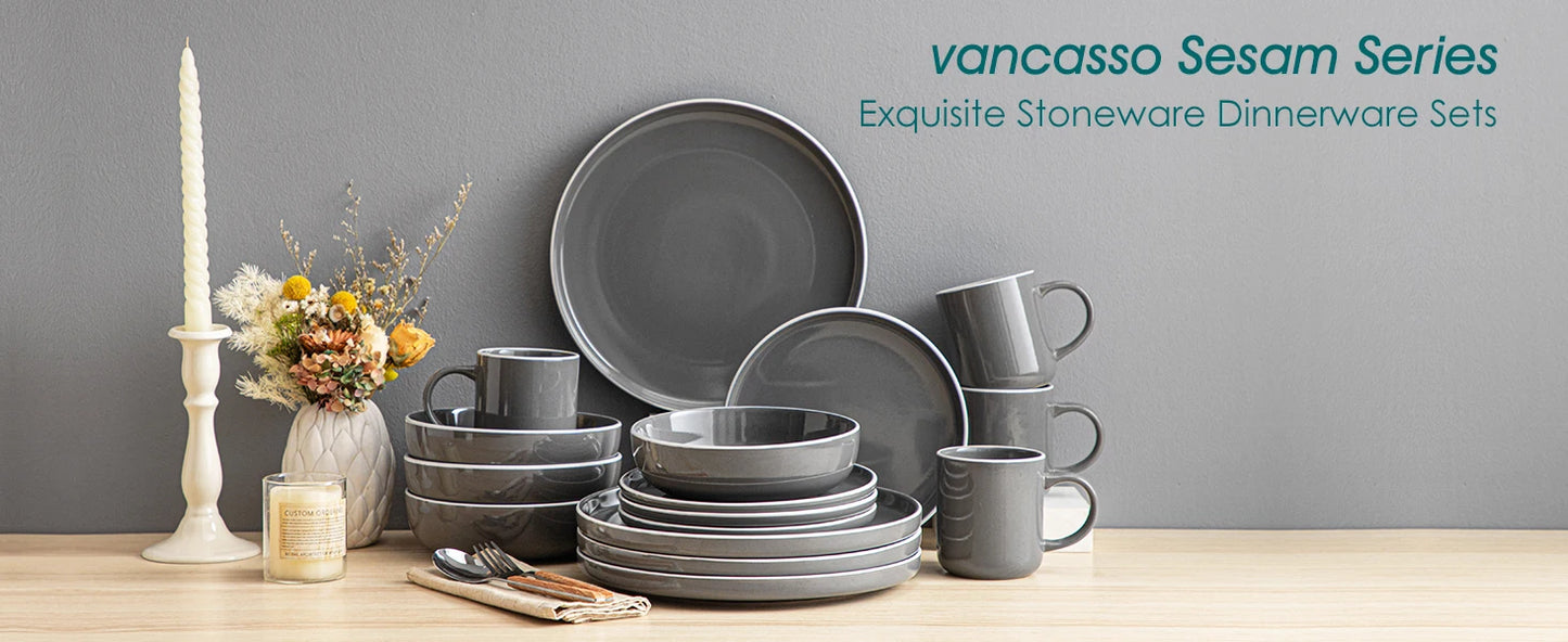 Vancasso 4-16 Piece Grey Stoneware Set Sesame Glaze Ceramic Dinnerware Set with Up To 4PCS Dinner/Dessert Plate/Soup Bowl/Mug