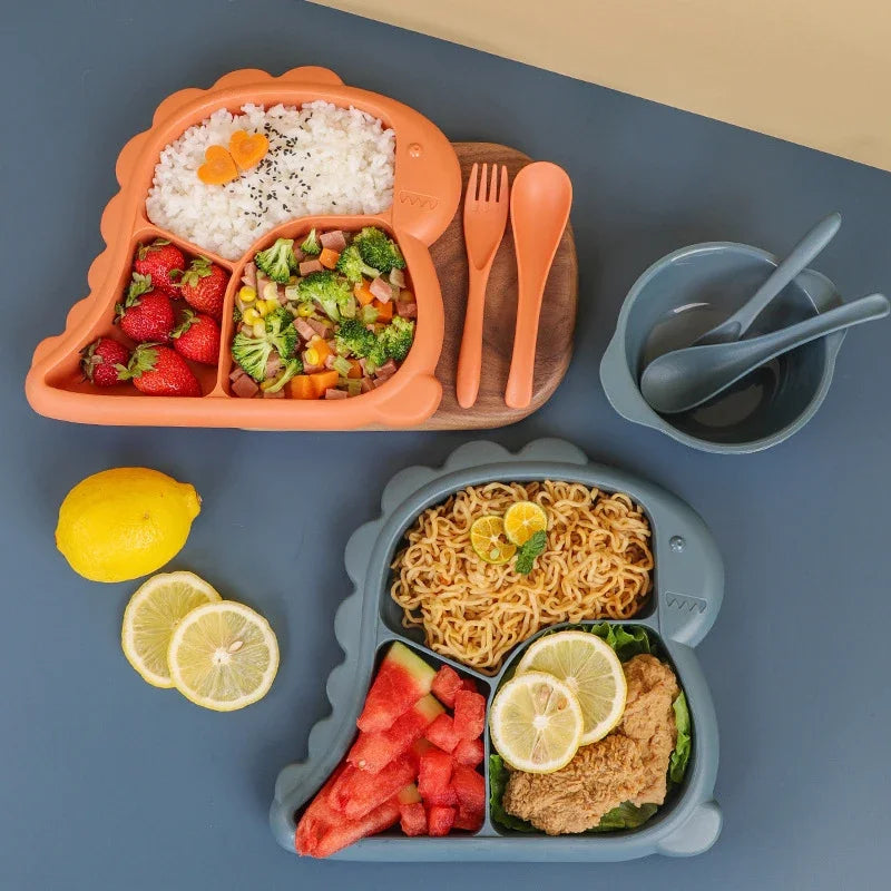 Dinosaur baby dinner plate 1 Set large capacity three compartments spoon and fork all-in-one dinner plate nutritional balance