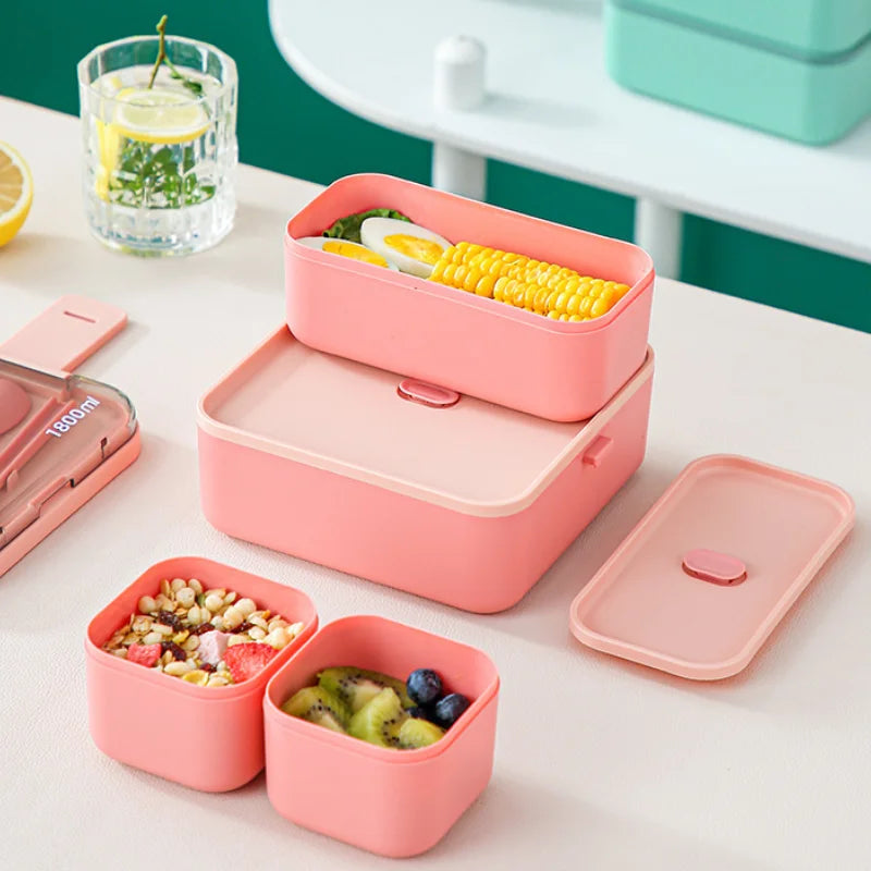 Double Layer Portable Lunch Box for Kids with Cutlery Microwave Sealed Bento Boxes Dinnerware Set Food Storage Container