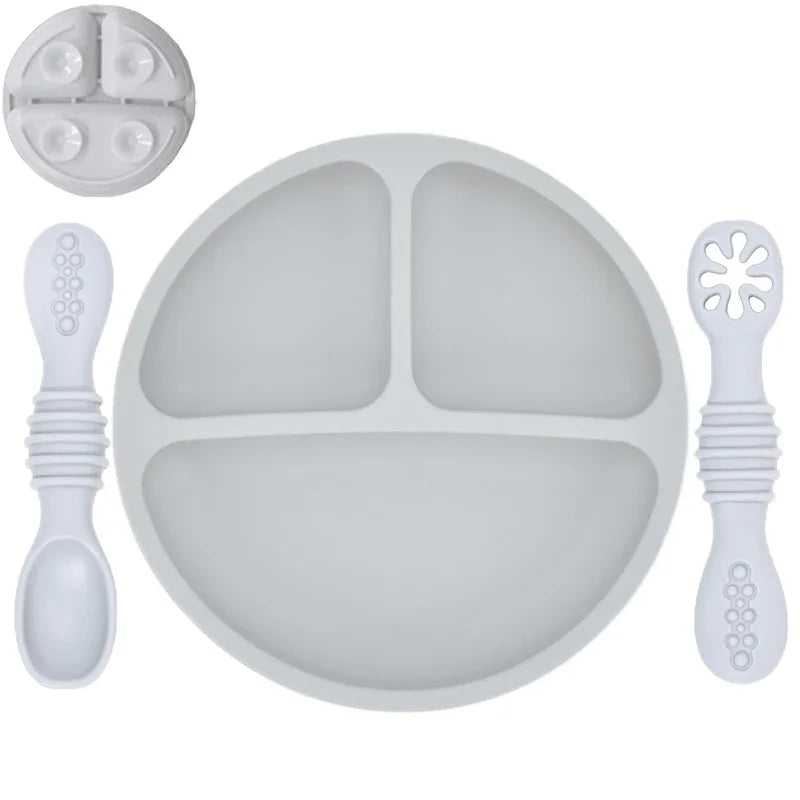 Baby / Toddler Tableware Silicone Baby Sucker Silicone Dining Plate Rice Spoon Set Cute Cartoon Children Dishes Smile Face Retro Kid Bowl