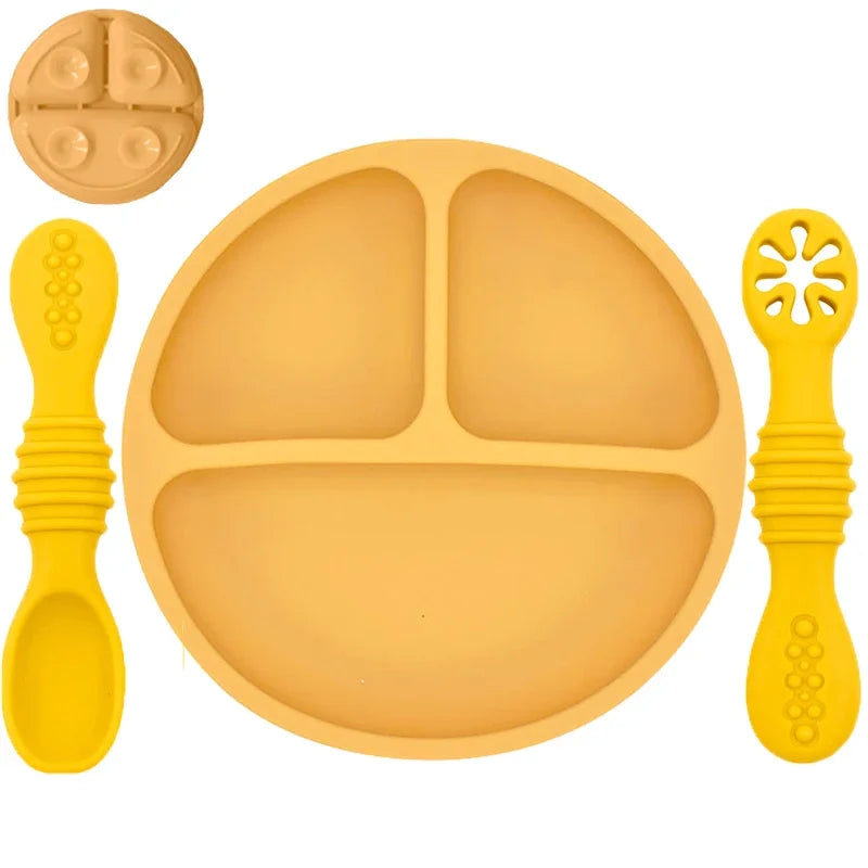 Baby / Toddler Tableware Silicone Baby Sucker Silicone Dining Plate Rice Spoon Set Cute Cartoon Children Dishes Smile Face Retro Kid Bowl