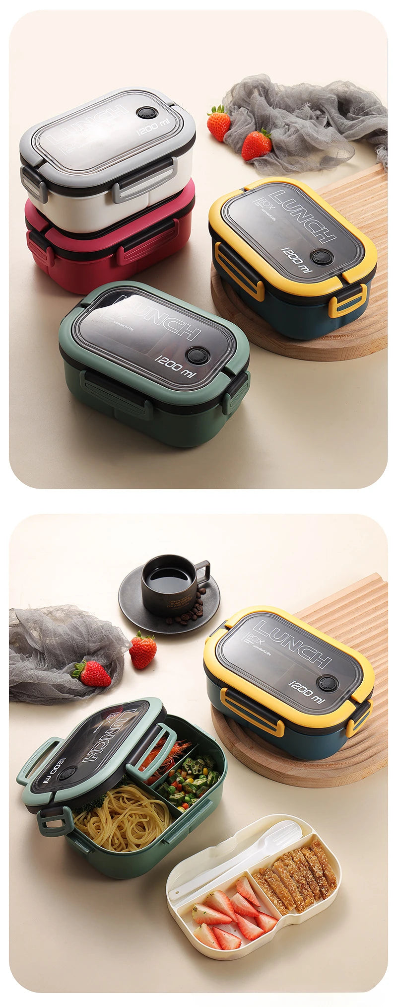 1200ml 3 Grids Plastic Compartment Bento Boxes with Fork and Spoon Multiple Layers Kid's Lunch Box Office Worker Tuppers Food