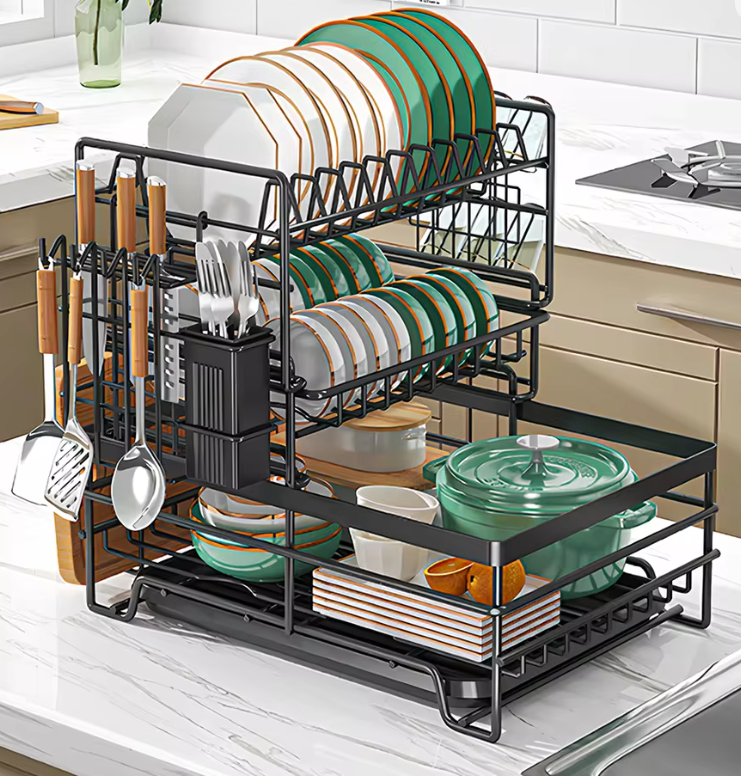 3-tier Dish Rack, Multifunctional Extra Large Dish Drying Rack, Large Capacity Dish Drainer With Cutting Board Holder Drain Boar