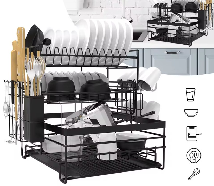 3-tier Dish Rack, Multifunctional Extra Large Dish Drying Rack, Large Capacity Dish Drainer With Cutting Board Holder Drain Boar