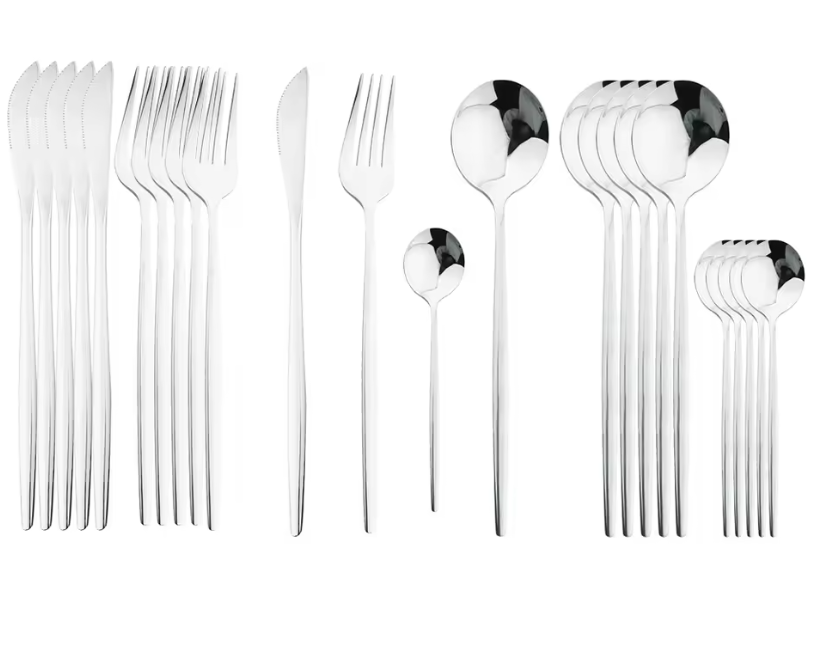 24Pcs Stainless Steel Dinnerware Set Kitchen Fork Spoon Knife Dinner Cutlery Set White Silver Western Flatware Tableware Set