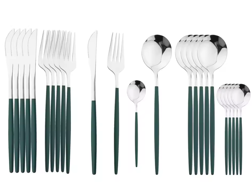 24Pcs Stainless Steel Dinnerware Set Kitchen Fork Spoon Knife Dinner Cutlery Set White Silver Western Flatware Tableware Set