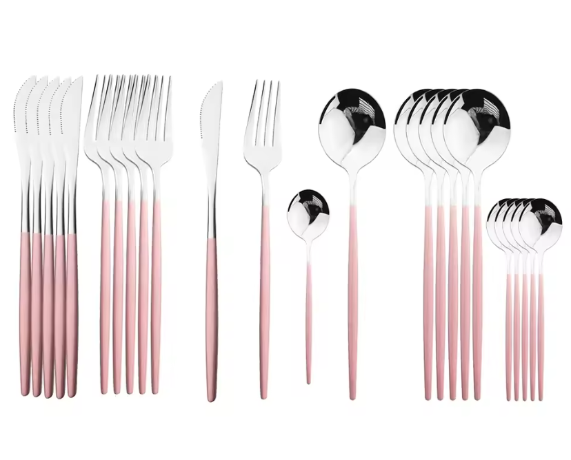 24Pcs Stainless Steel Dinnerware Set Kitchen Fork Spoon Knife Dinner Cutlery Set White Silver Western Flatware Tableware Set