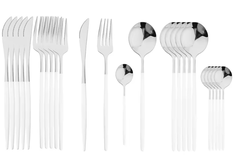 24Pcs Stainless Steel Dinnerware Set Kitchen Fork Spoon Knife Dinner Cutlery Set White Silver Western Flatware Tableware Set