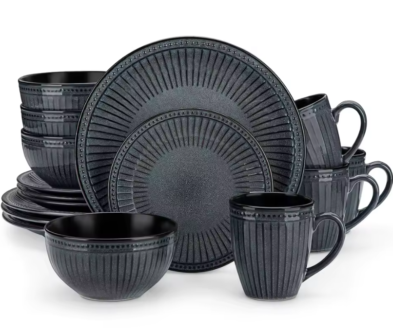 vancasso 4-16 Piece Relief Ceramic Plates Set Black Elegent Tableware set with up to 4 PCS Dinner Plate/Dessert/Cereal Bowl/Mug