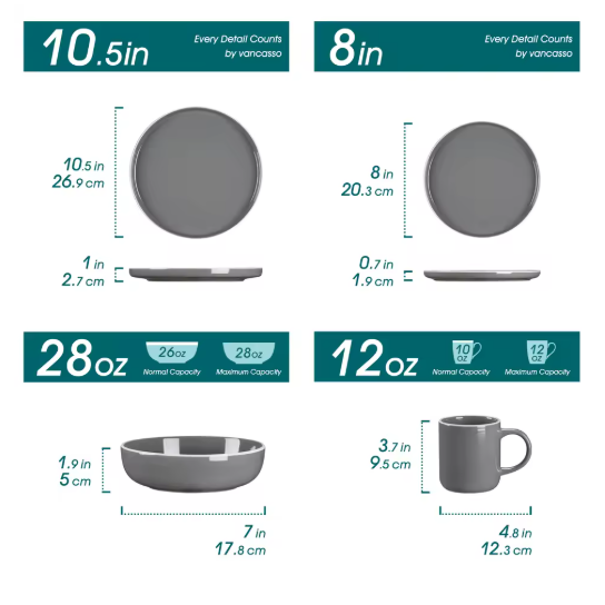 Vancasso 4-16 Piece Grey Stoneware Set Sesame Glaze Ceramic Dinnerware Set with Up To 4PCS Dinner/Dessert Plate/Soup Bowl/Mug