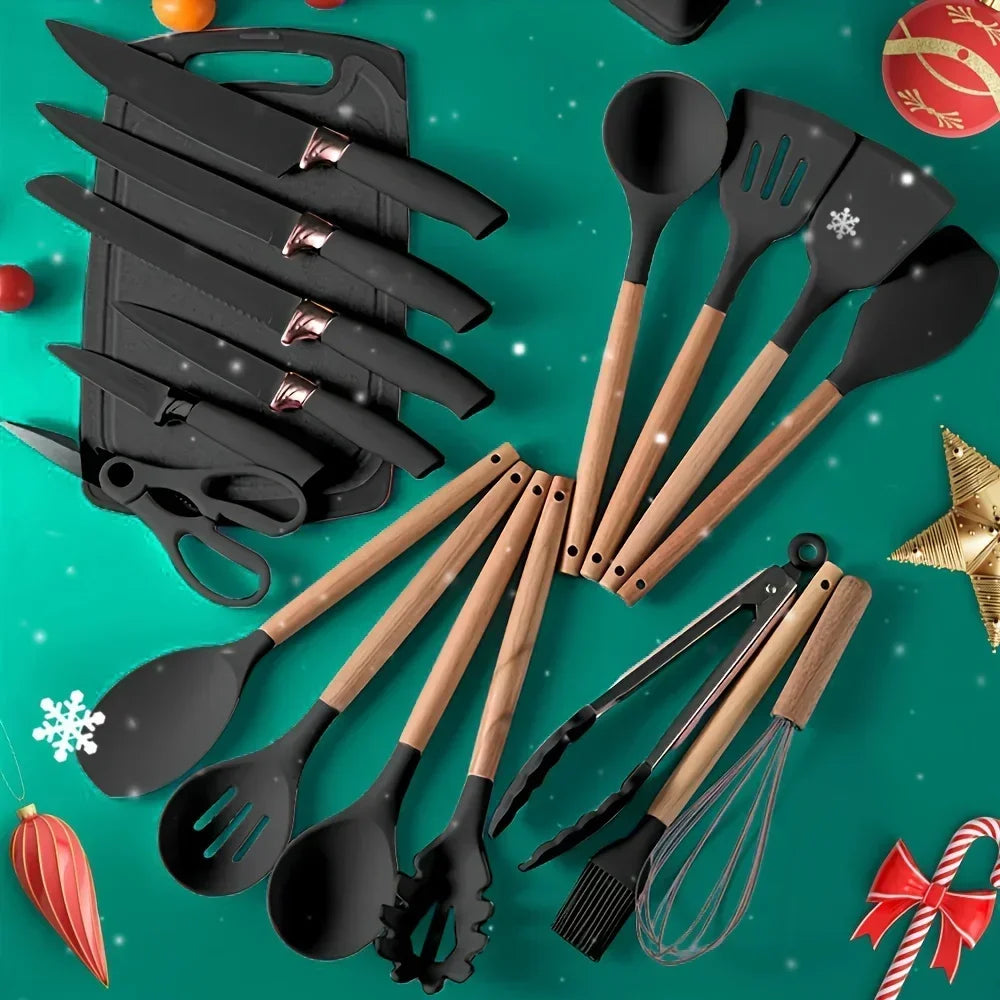 19 Pcs Non-Stick Silicone Kitchen Utensil Set Heat-Resistant Tools in Bamboo Storage
