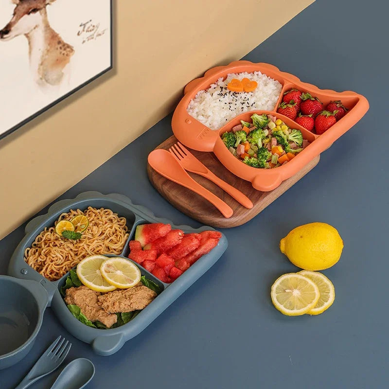 Dinosaur baby dinner plate 1 Set large capacity three compartments spoon and fork all-in-one dinner plate nutritional balance