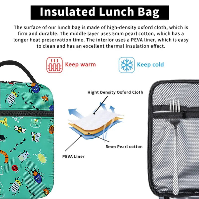 Insect Print Handheld Insulation Lunch Bag for Boy/Girls Best Gifts 3D Cartoon Portable Lunch Box Bag Picnic Bag