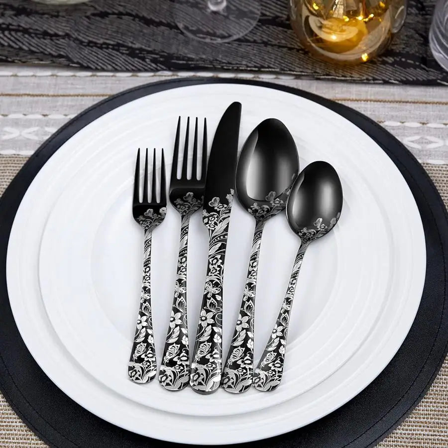 20 Pieces of Stainless Steel Tableware Set with Butterfly Pattern Silverware, Mirror Polished, with Spoon, Fork and Knife, Suitable for Dark Rock Enthusiasts, Suitable for Halloween,