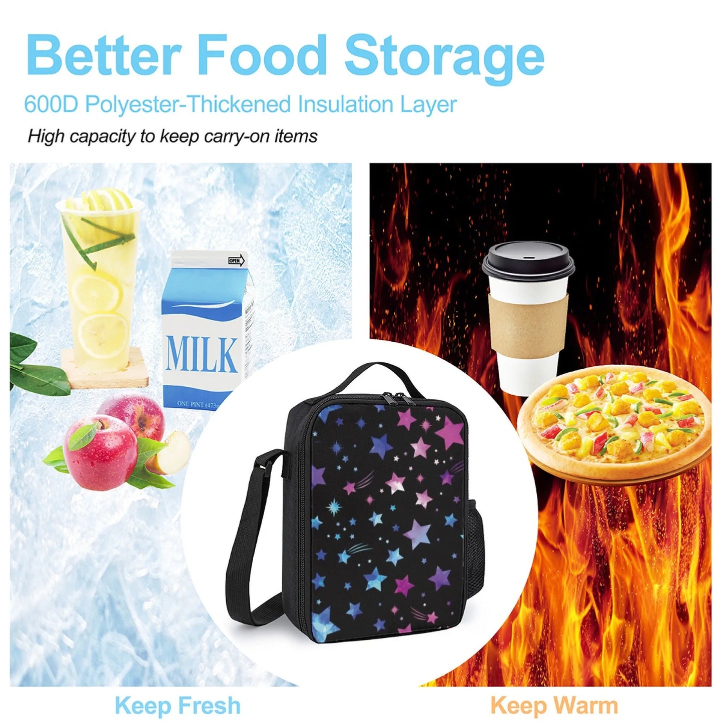 Insulated Lunch Bag, Oxford Cloth Material, Vibrant Colorful Stars & Shooting Stars Pattern, Great for School/Picnic/Outdoor