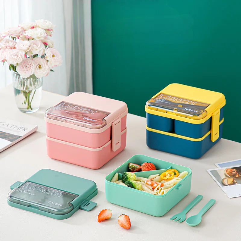 Double Layer Portable Lunch Box for Kids with Cutlery Microwave Sealed Bento Boxes Dinnerware Set Food Storage Container