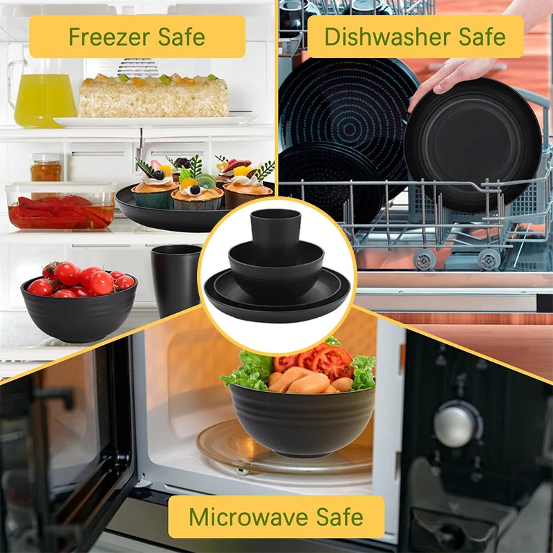 16 pieces tableware set, including (9.1-inch) plates, (7.8-inch) plates, dinner bowls and beverage cups.
