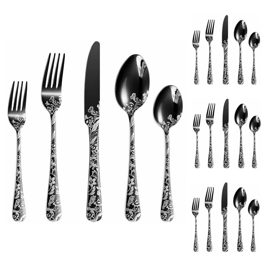 20 Pieces of Stainless Steel Tableware Set with Butterfly Pattern Silverware, Mirror Polished, with Spoon, Fork and Knife, Suitable for Dark Rock Enthusiasts, Suitable for Halloween,