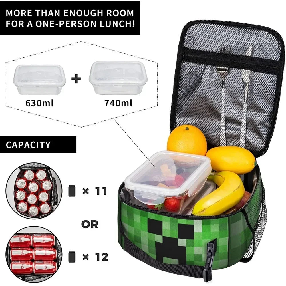 Pixel Game Lunch Box Reusable Portable Lunch Bag Insulated Bags for High-capacity Work School Picnics