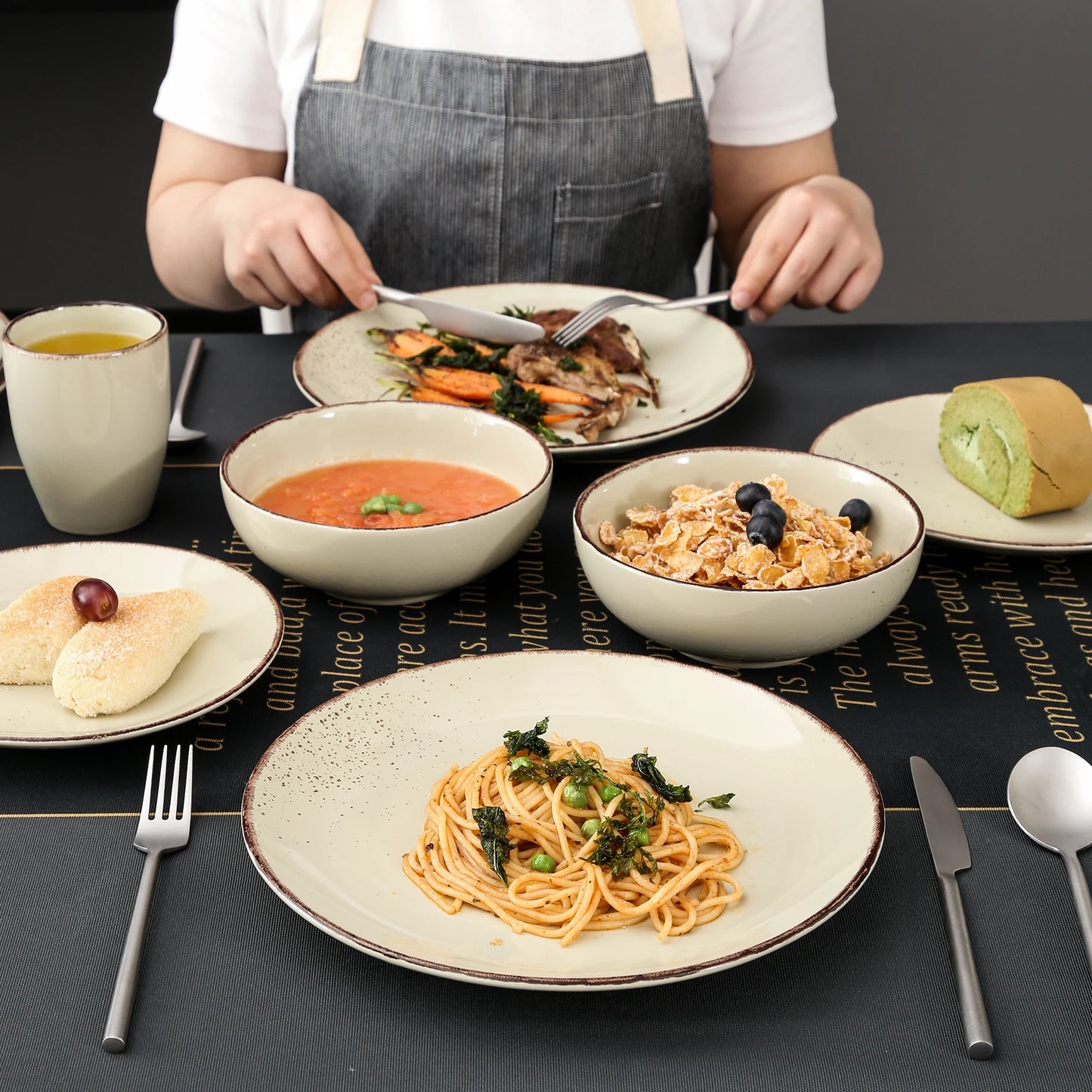 Vancasso 4/8/16-Piece Ceramic Beige Stoneware Dinnerware Set with Dinner Plate, Dessert Plate, 800ml Bowl, Mug Tableware Set